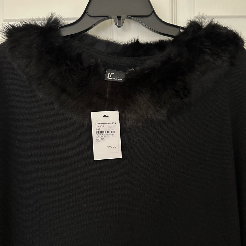 NWT Love Token Black fur trimmed poncho.